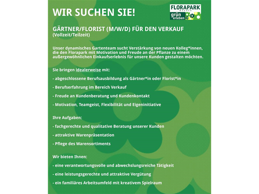 Jetzt hier bewerben Florapark Wagner